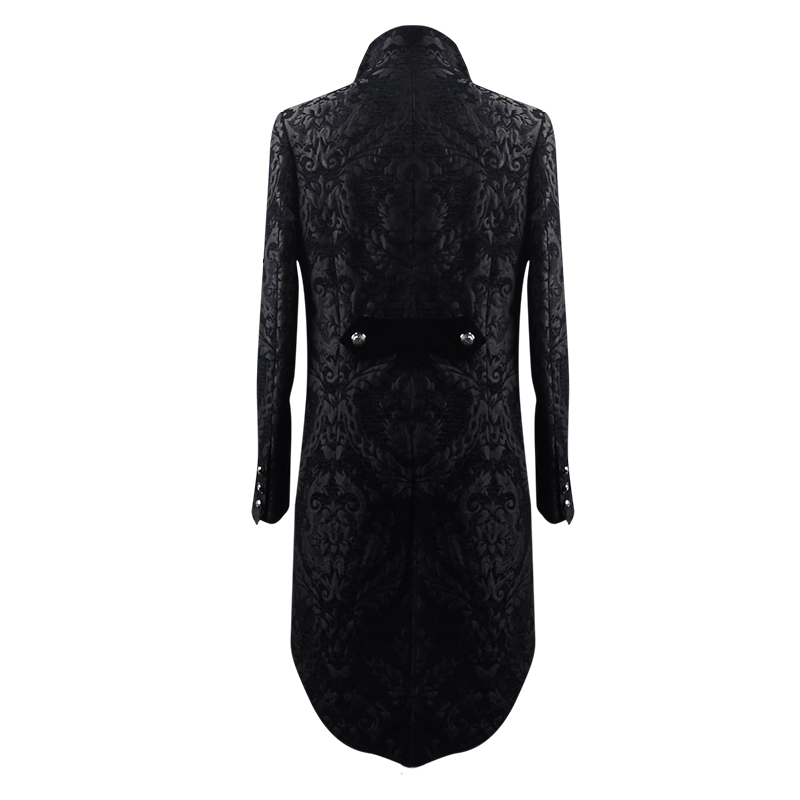 Black long trench coat for men in gothic style with vintage design, featuring lace inserts and silver buttons.