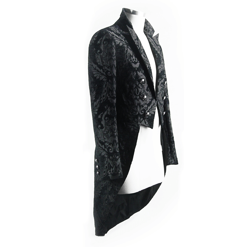 Stylish black long trench coat for men, featuring vintage fabric and ornate patterns, perfect for gothic fashion and cosplay.