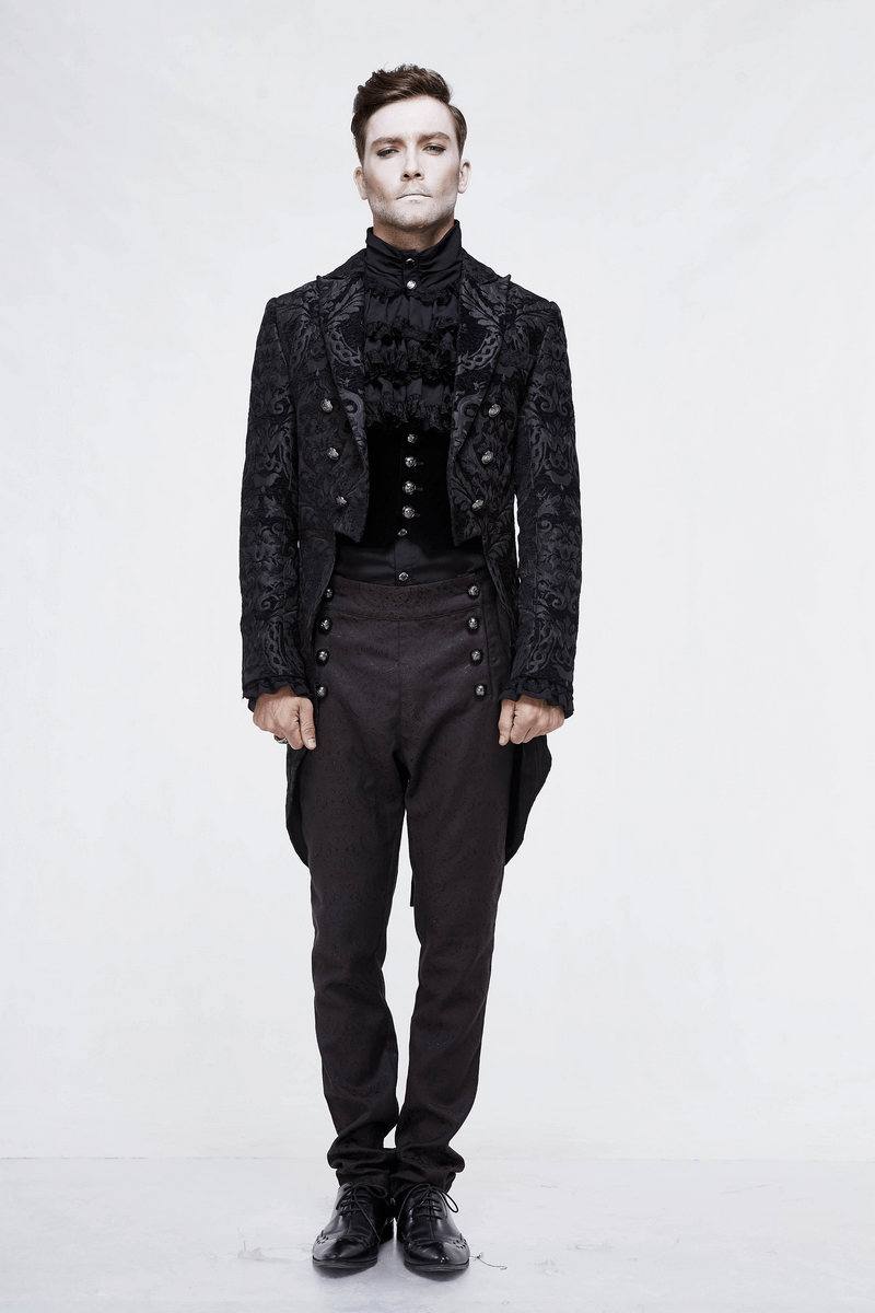 Men's black long trench coat in gothic style with lace details and silver buttons, perfect for cosplay or vintage fashion.