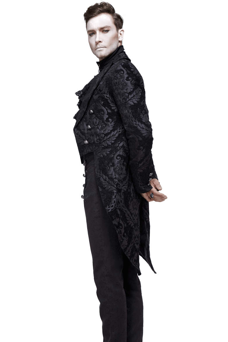 Men's black long trench coat with intricate patterns, perfect for gothic fashion and cosplay events.