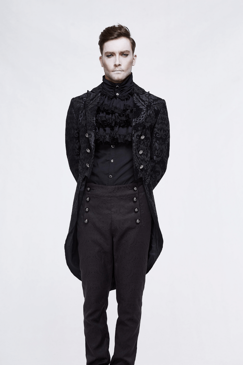 Elegant gothic man in a black long trench coat with lace details and silver buttons, perfect for cosplay.