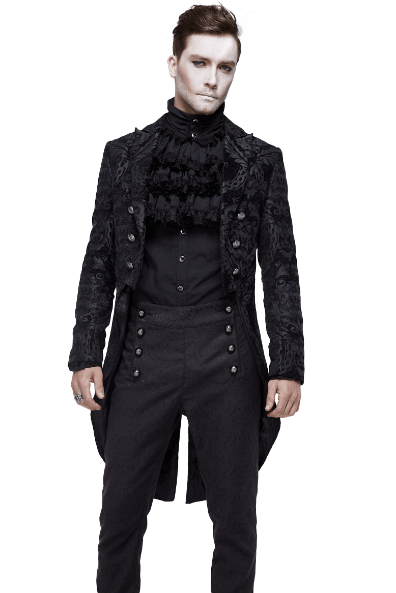 Men's black long trench coat in gothic style with intricate details and silver buttons, perfect for cosplay or vintage fashion.