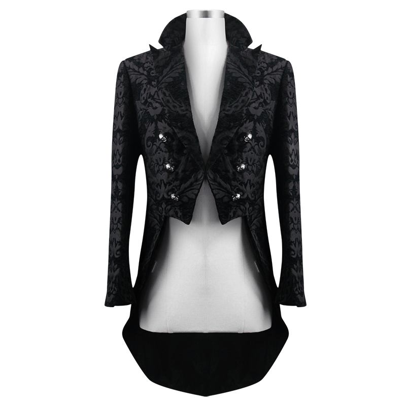 Black gothic long trench coat for men with silver buttons and lace inserts, perfect for cosplay and vintage fashion.