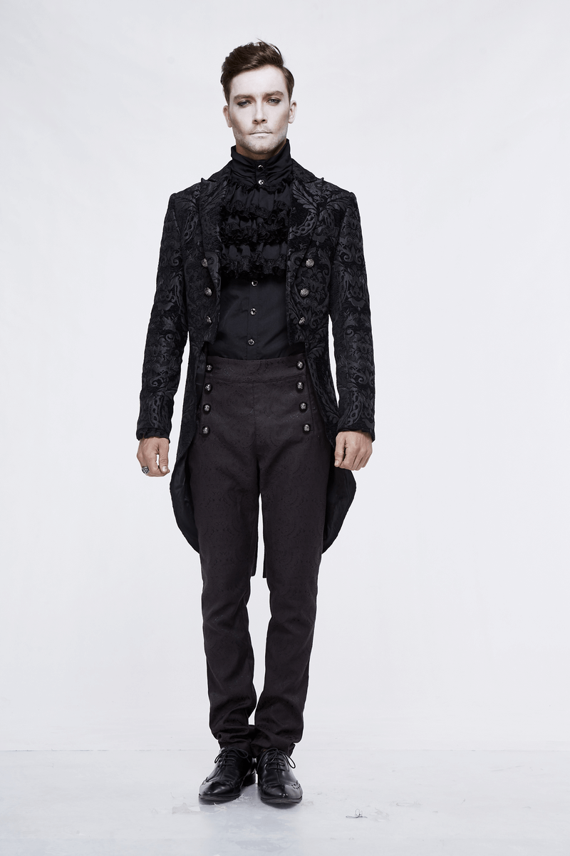 Gothic men's long black trench coat with intricate lace and silver buttons, styled for cosplay and vintage fashion.