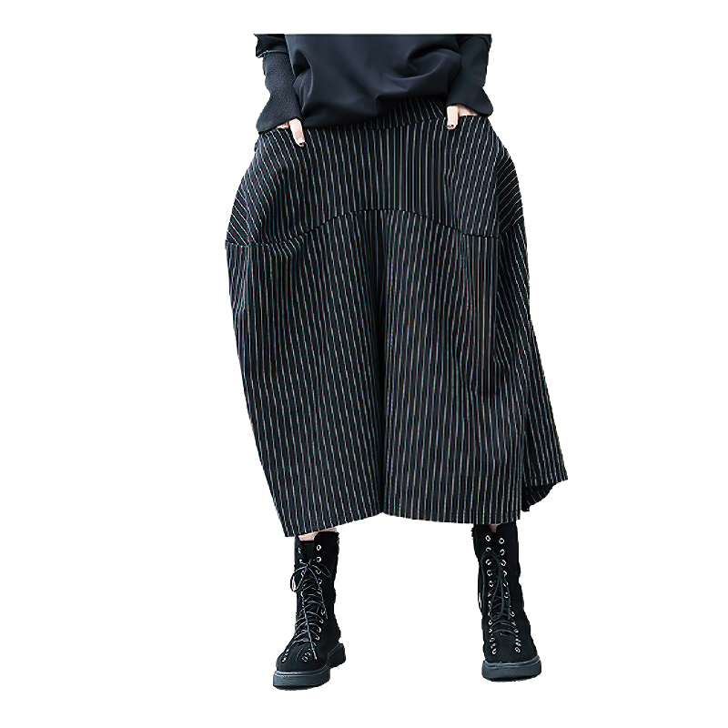 Black women's long skirt with white stripes, featuring an elastic waist and spacious pockets, perfect for streetwear fashion.