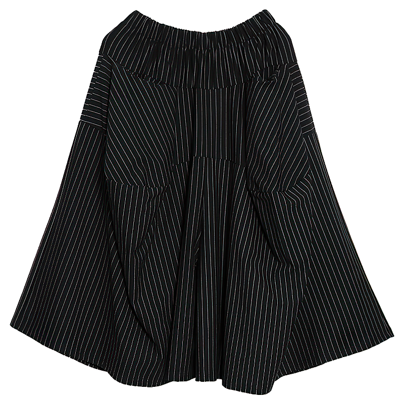 Black long women's skirt with white stripes, elastic waist, wide leg, and big pockets for trendy streetwear style.