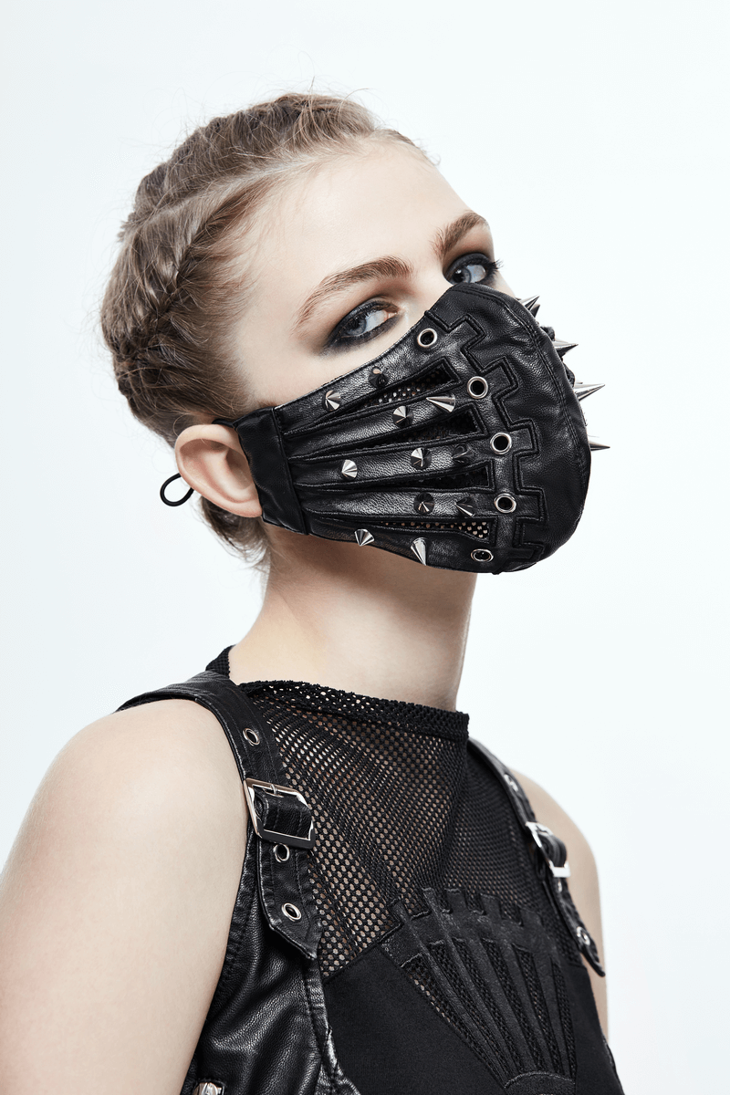 Black Mask with Spikes and Mesh in Punk Style / PU Leather Masks with Rubber Bands to Grip the Ear - HARD'N'HEAVY