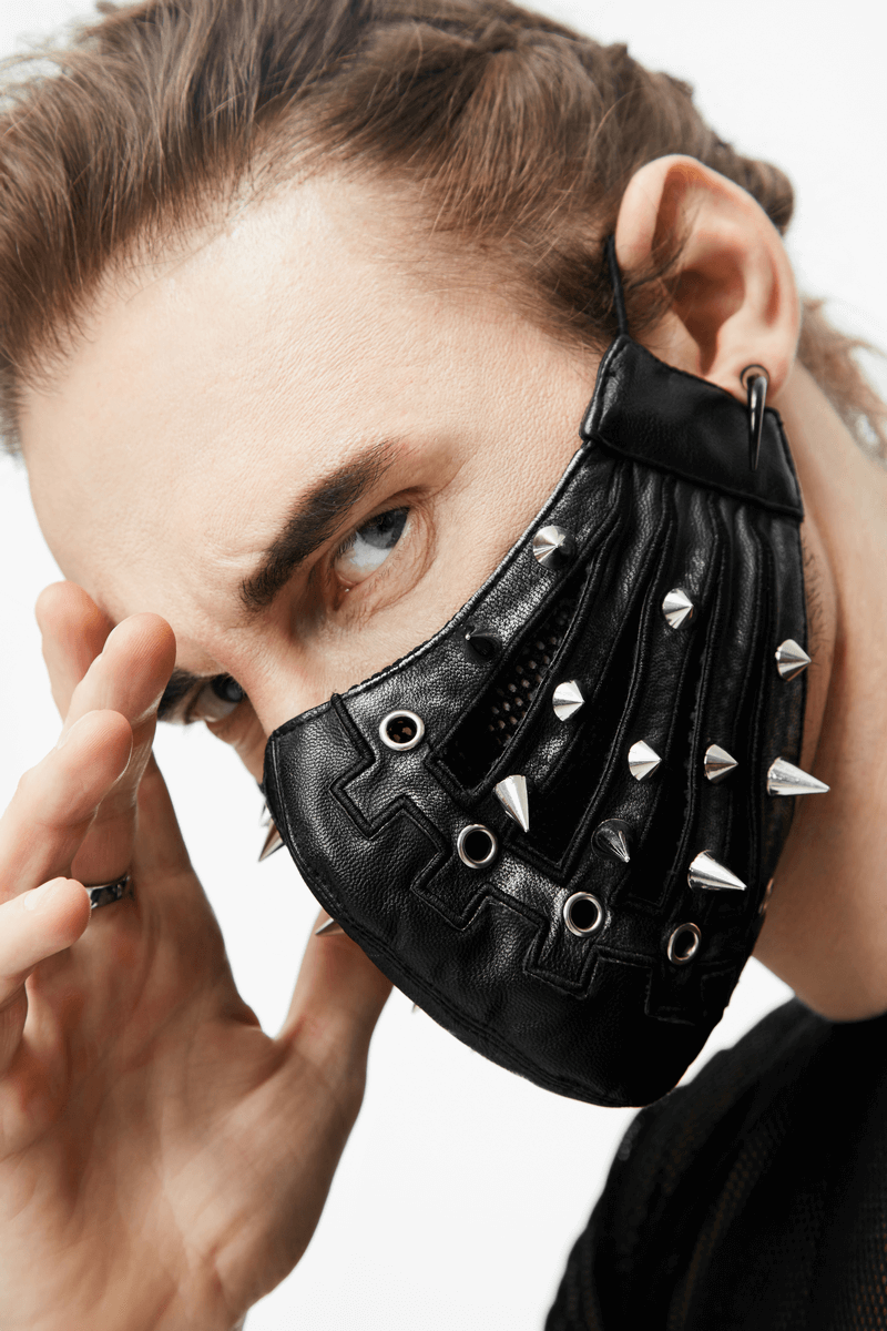 Black Mask with Spikes and Mesh in Punk Style / PU Leather Masks with Rubber Bands to Grip the Ear - HARD'N'HEAVY