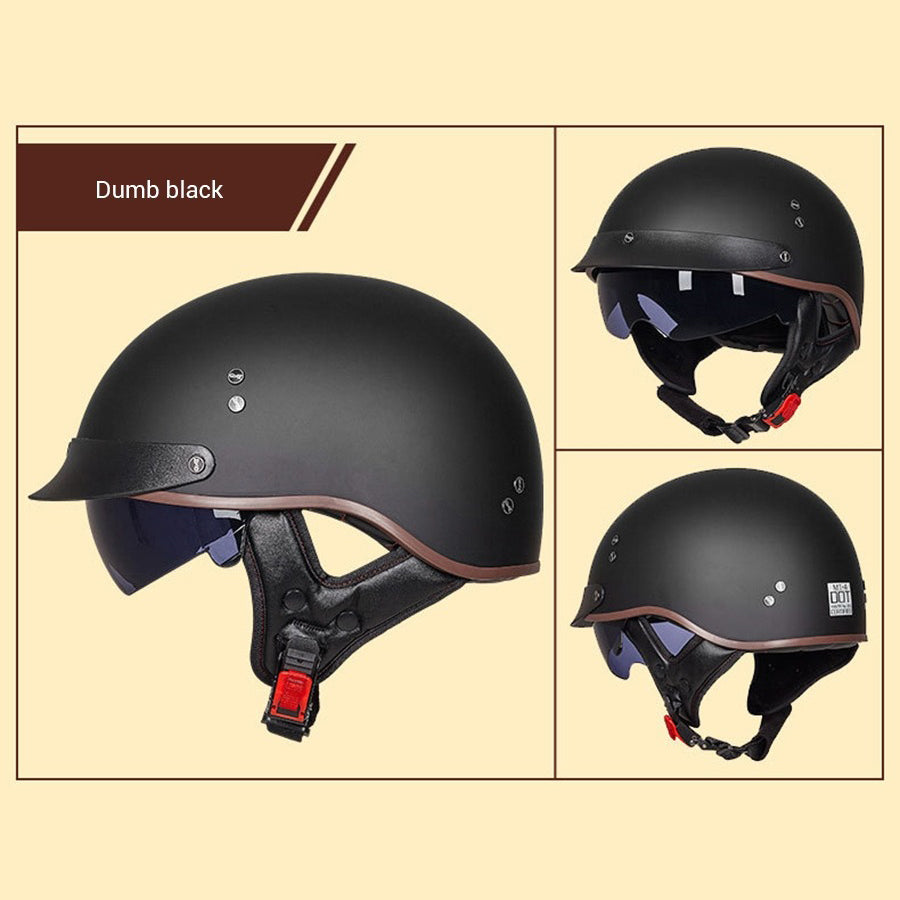 Black matte vintage half face biker helmet showcasing stylish design and safety features for motorcyclists.