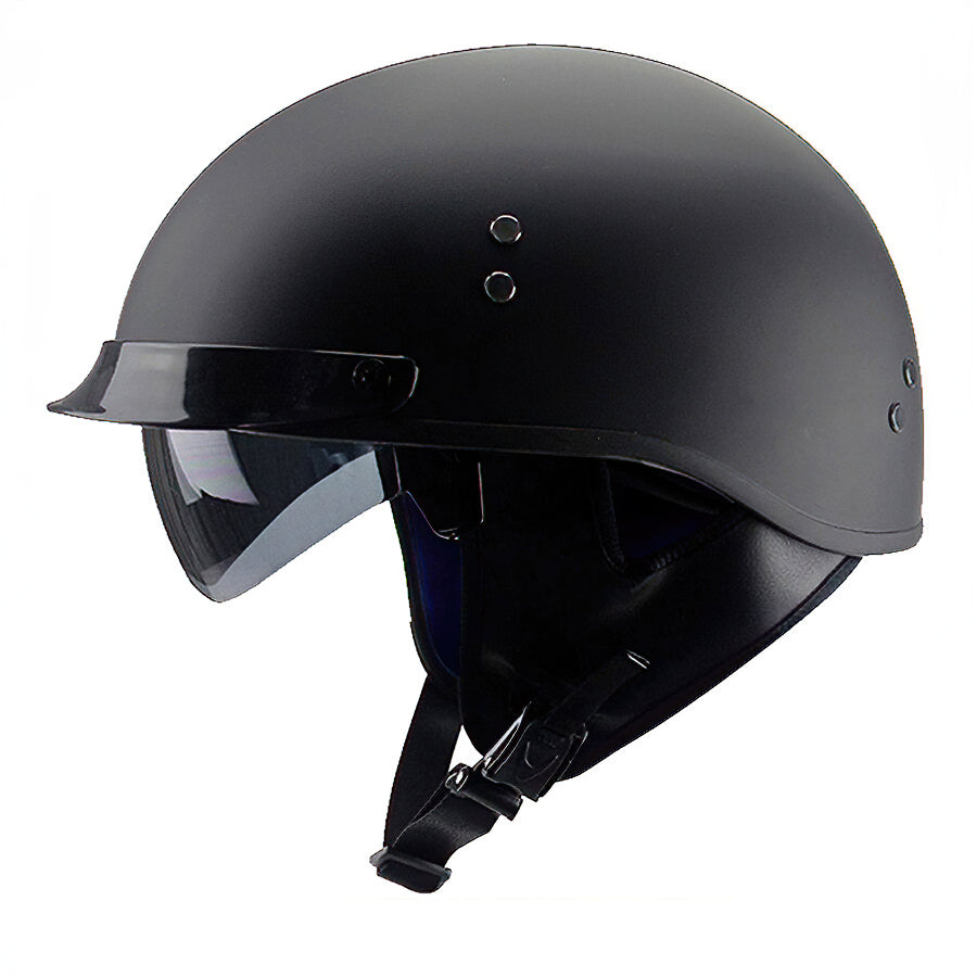 Black Matt Vintage Half Face Biker Helmet with visor, stylish protection for adventurous bikers.