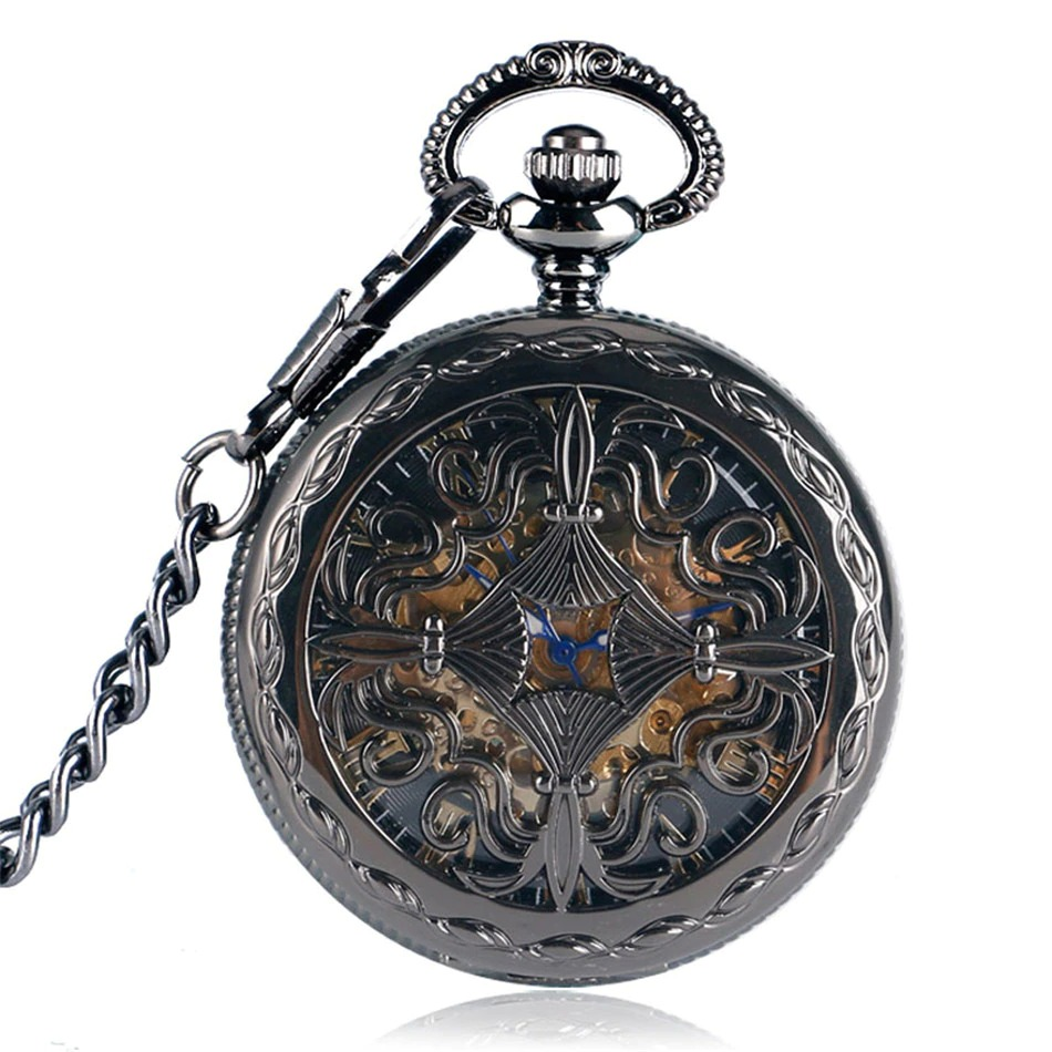 Elegant black mechanical pocket watch with ornate design and Roman numerals, perfect for vintage style lovers.