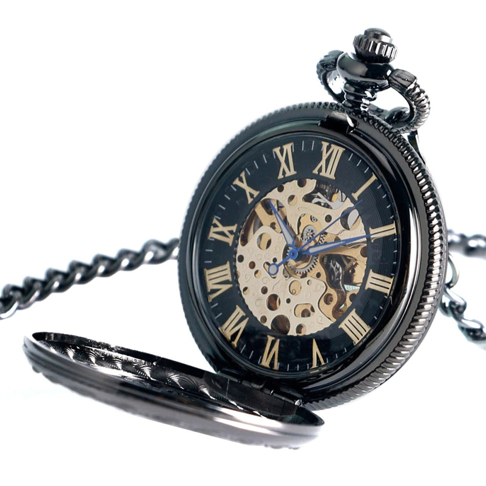 Antique black mechanical pocket watch with Roman numerals and a decorative chain, perfect for vintage lovers.
