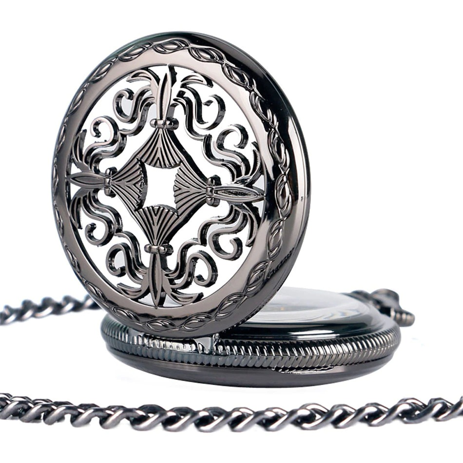 Elegant black mechanical pocket watch with intricate design and chain, perfect for vintage style lovers.