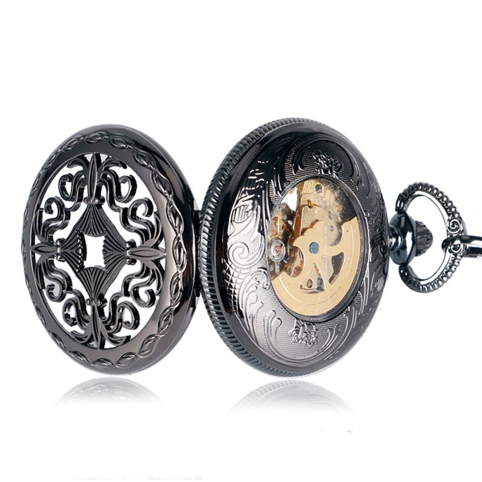 Black antique mechanical pocket watch showcasing intricate engravings and visible gears, perfect for vintage lovers.