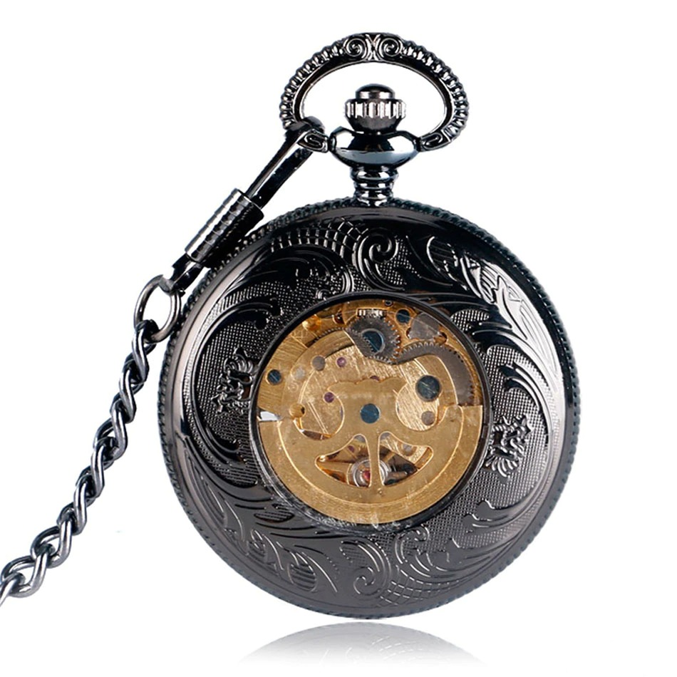 Elegant black mechanical pocket watch with antique design and visible golden gears, perfect for vintage lovers.