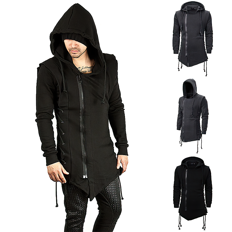 Black medieval gothic coat for men with hood, featuring lace details and zipper, perfect for a unique warrior look.
