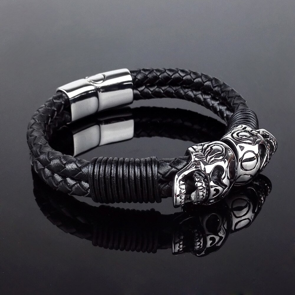 Black Men's Braided Rope Leather Bracelet with Stainless Steel Skulls / Punk Rock Style Male Jewelry - HARD'N'HEAVY