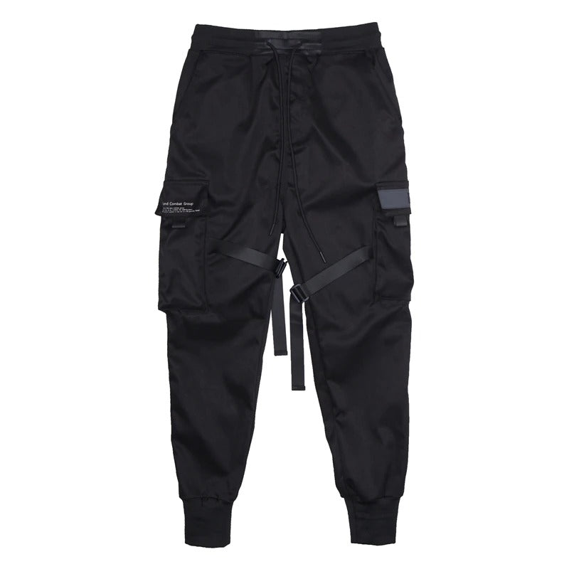 Black Men's Cargo Pants With Ribbons / Print-Pocket Joggers / Men's Cotton Streetwear - HARD'N'HEAVY