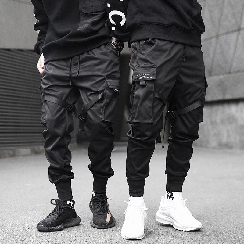 Black Men's Cargo Pants With Ribbons / Print-Pocket Joggers / Men's Cotton Streetwear - HARD'N'HEAVY
