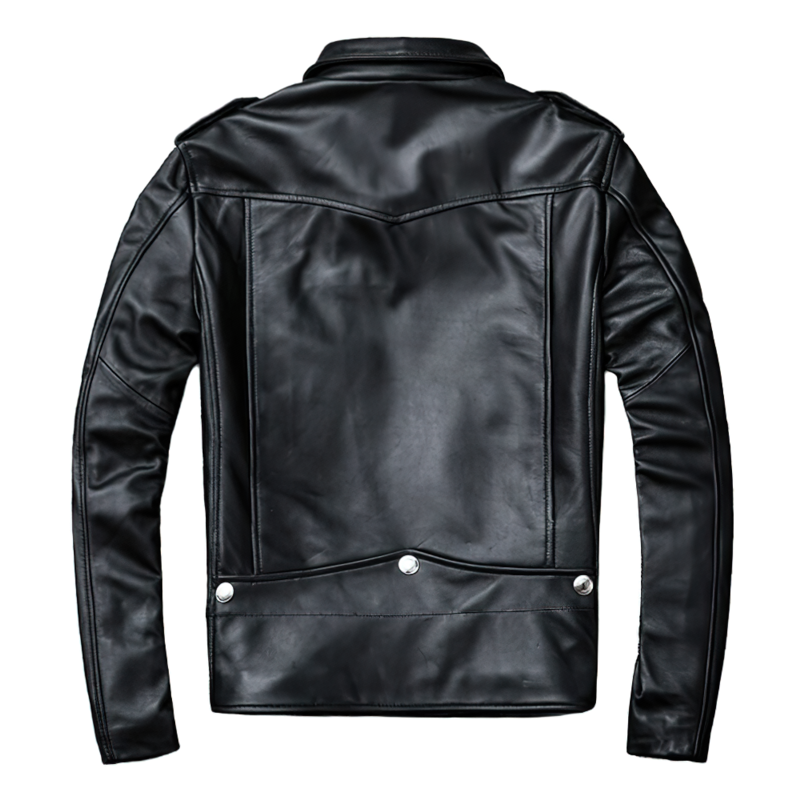 Back view of a stylish black men's genuine leather jacket with sleek design and pockets.