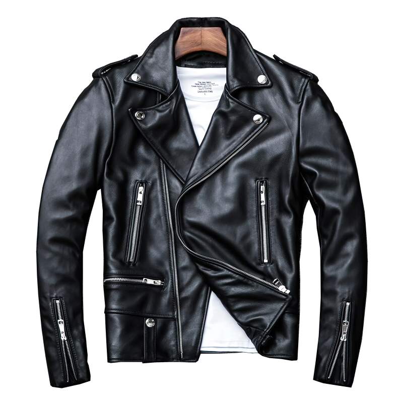 Stylish black men's genuine leather biker jacket with multiple zippered pockets and modern cut.