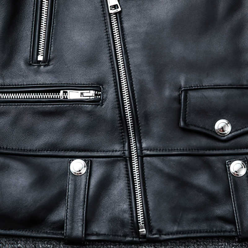 Close-up of a black genuine leather jacket with shiny zippers and stylish pockets, perfect for modern casual wear.