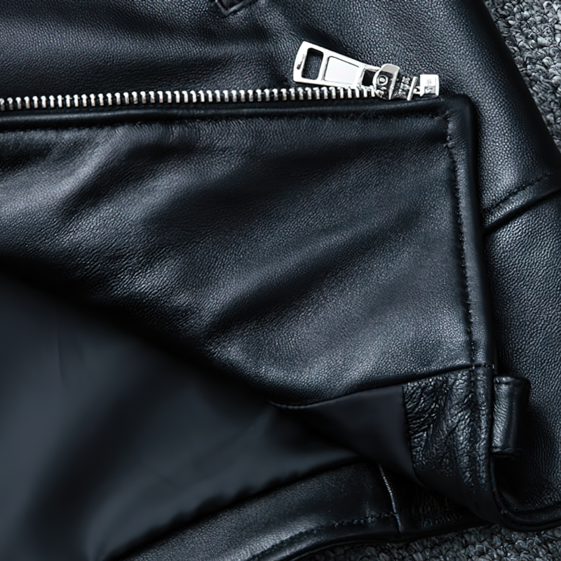 Close-up of a black men's genuine leather jacket, showcasing the zipper and soft, quality material.
