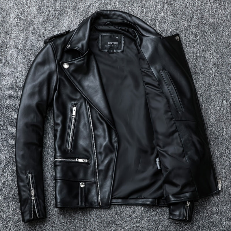 Men's black genuine leather jacket with zippers, showcasing a modern design and spacious pockets for casual wear.