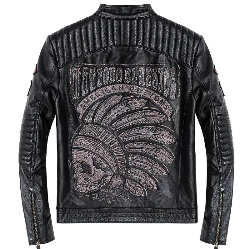 Black Men's Genuine Leather Motorcycle Jacket With Indian Skull Embroidery / Vintage Biker Clothing - HARD'N'HEAVY