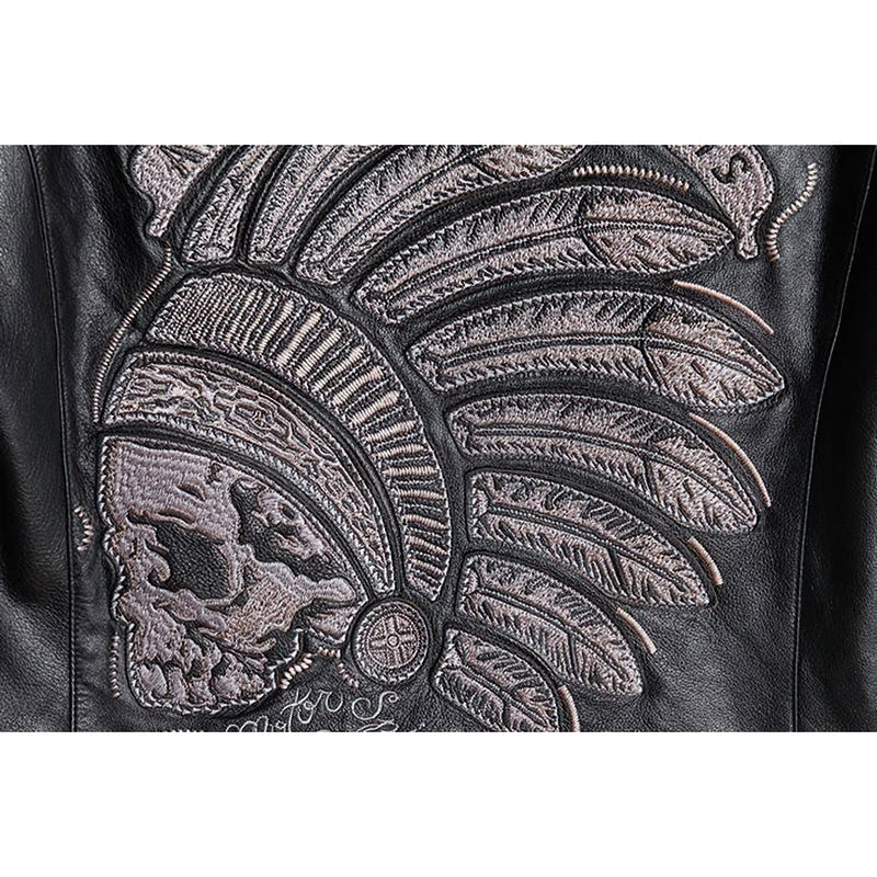 Black Men's Genuine Leather Motorcycle Jacket With Indian Skull Embroidery / Vintage Biker Clothing - HARD'N'HEAVY