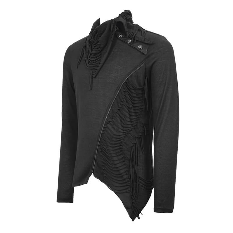 Black Men's Punk Gothic Fitted Soft Sweatshirt / Asymmetrical Tops Fold-Over Collar & Oblique Zipper - HARD'N'HEAVY
