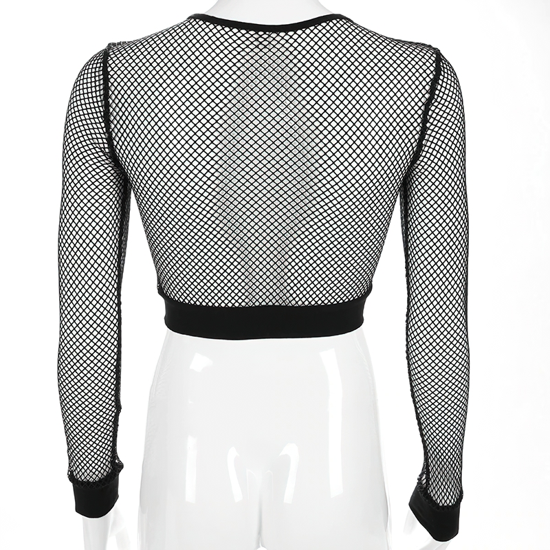 Black Mesh See Through Top With Long Sleeve For Women / Female Casual Cropped Clothing - HARD'N'HEAVY