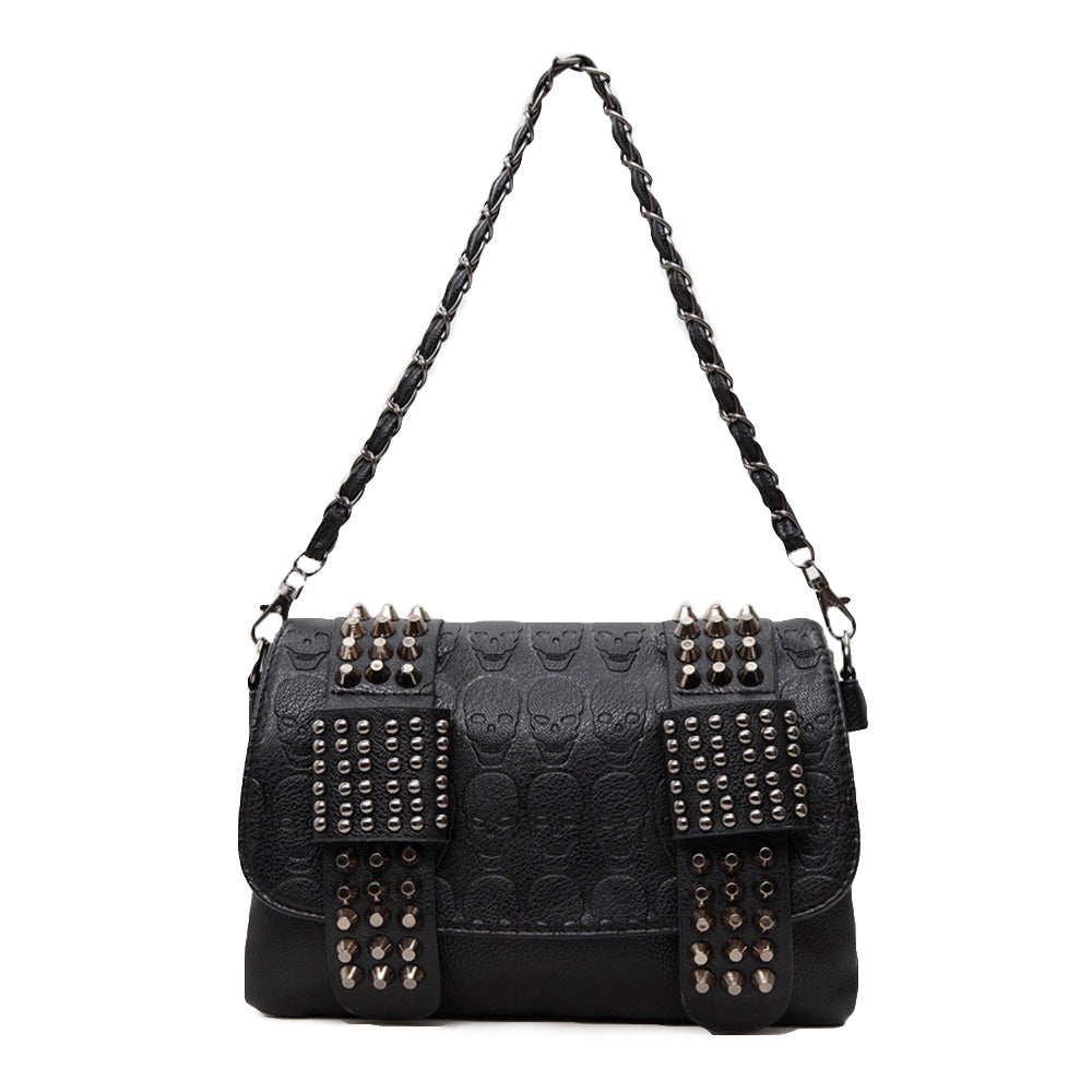 Stylish black messenger bag with skulls and studs, perfect alternative accessory for gothic outfits.