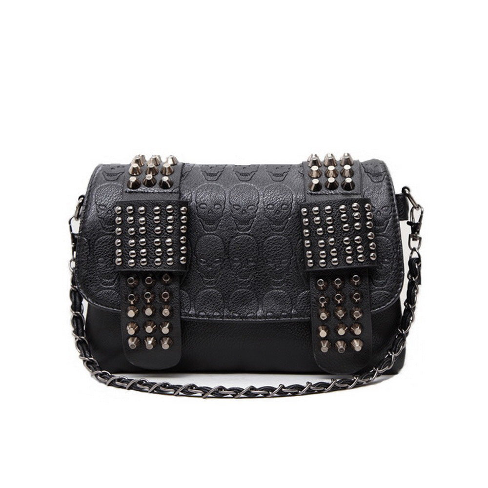 Stylish black messenger bag with skulls and rivets, perfect alternative accessory for women.