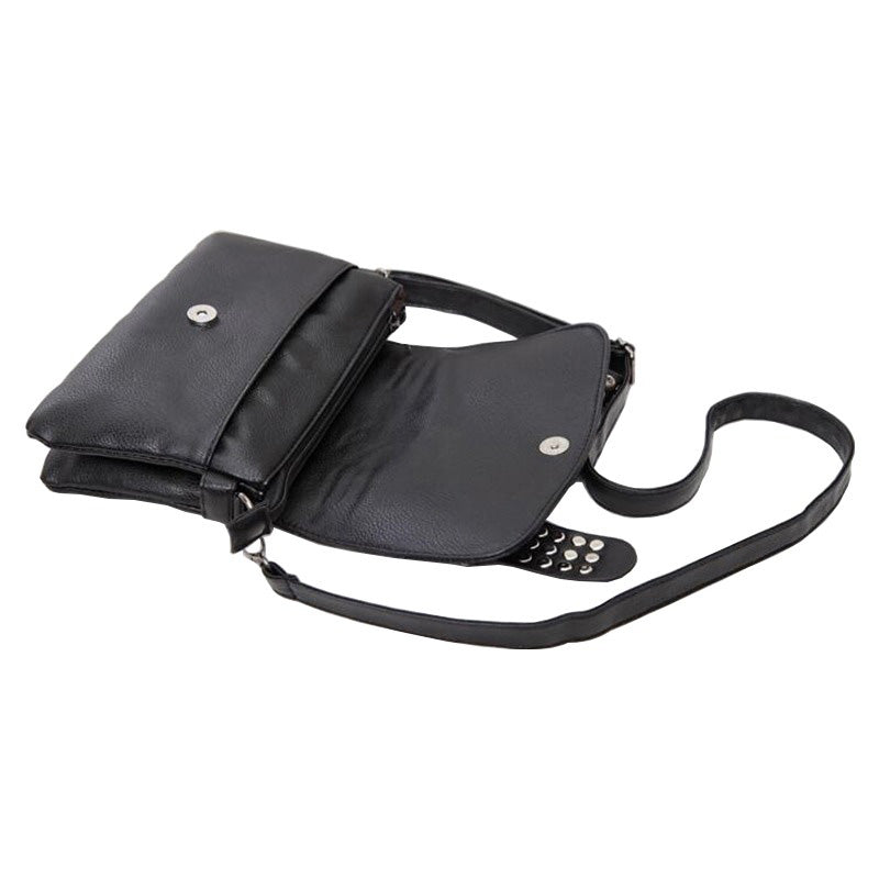 Stylish black messenger bag with skulls and studs, featuring an open flap and adjustable strap, perfect for a gothic look.