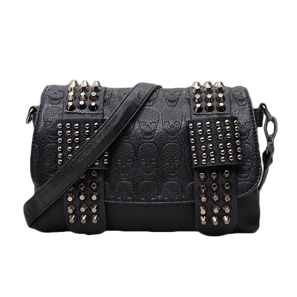 Stylish black messenger bag for women featuring skulls and rivets, perfect gothic accessory with rock style.