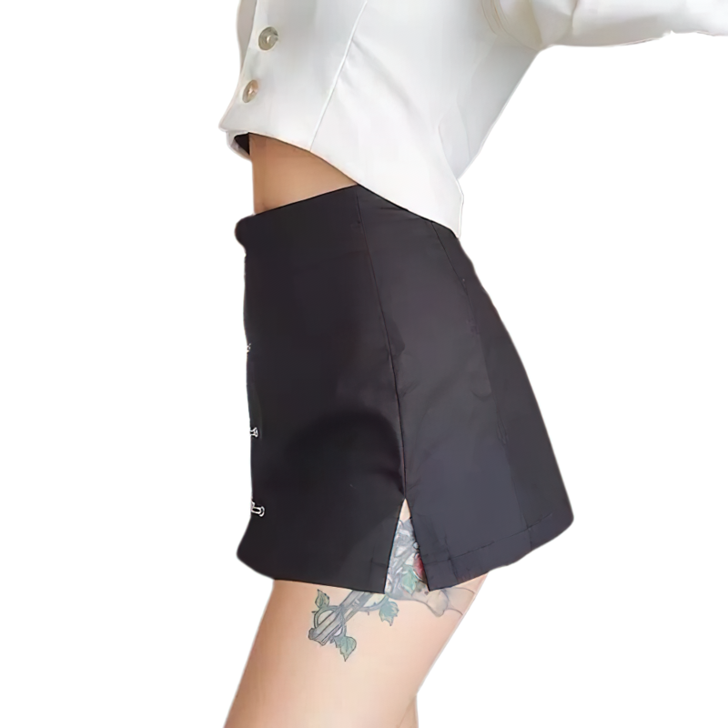 Low waist A-line black skirt with a side slit, showcasing a stylish and edgy Gothic design.