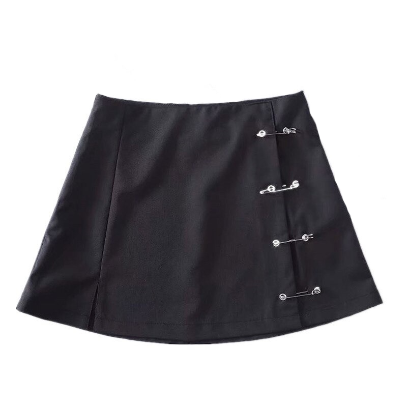 Elegant black mini skirt with side pins, perfect for vintage style outfits and high waist fit.