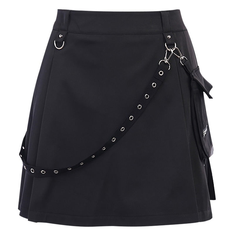 Black mini skirt with strap and pockets, perfect for edgy summer streetwear looks.