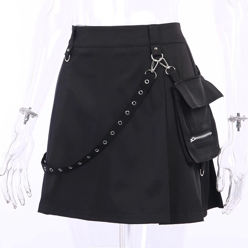 Black mini skirt with strap and pocket, high waist gothic style, perfect for summer streetwear fashion.