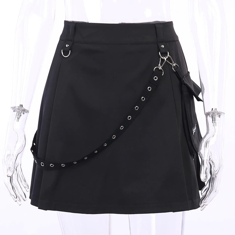 Black mini skirt with strap and pockets, above knee length, perfect for summer gothic streetwear style.