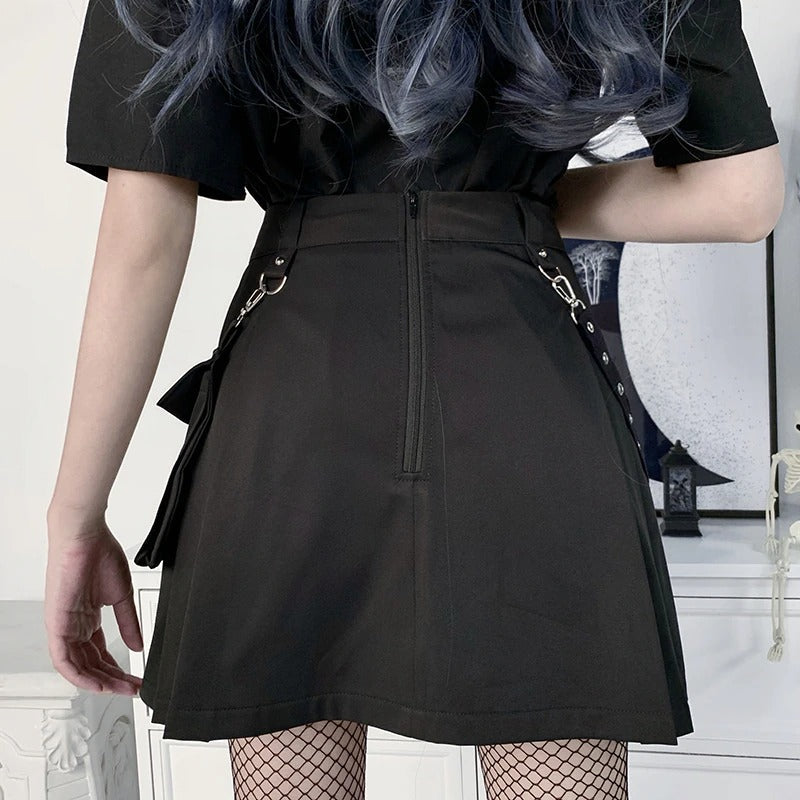 Back view of a black mini skirt with straps and pockets, perfect for summer gothic streetwear style.