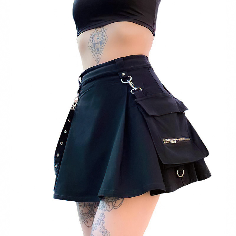 Black mini skirt with strap and pocket, perfect for gothic summer streetwear fashion.
