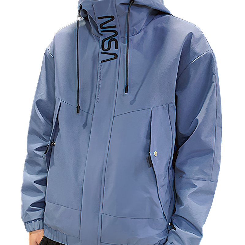 Trendy blue hooded jacket with zipper and pockets, perfect for casual outings and stylish comfort.