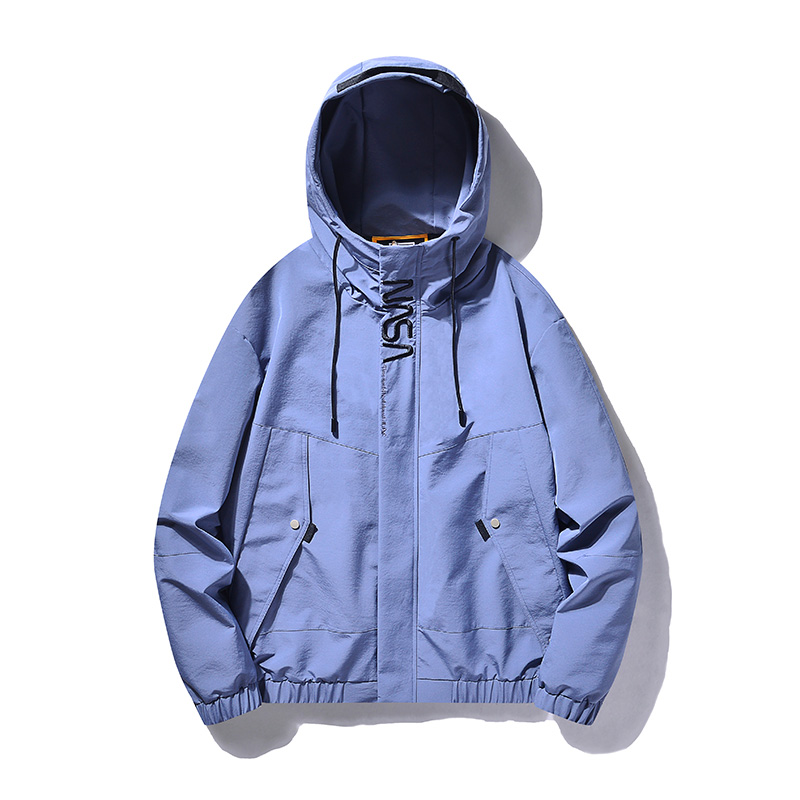 Light blue casual hooded jacket with zipper and stylish design, perfect for layering and everyday wear.