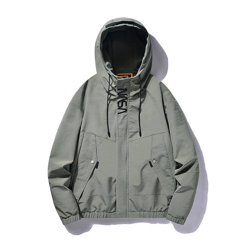 Light gray hooded casual jacket with zip, perfect for stylish layering and comfortable wear in casual setting.