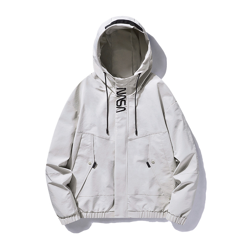 Casual white hooded jacket with multiple pockets and stylish design, perfect for a laid-back yet trendy look.