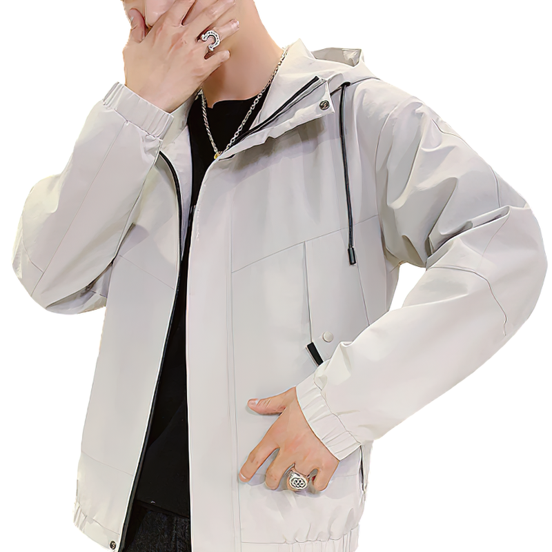 Casual men's hooded jacket with pockets, ideal for cool days and stylish layering.