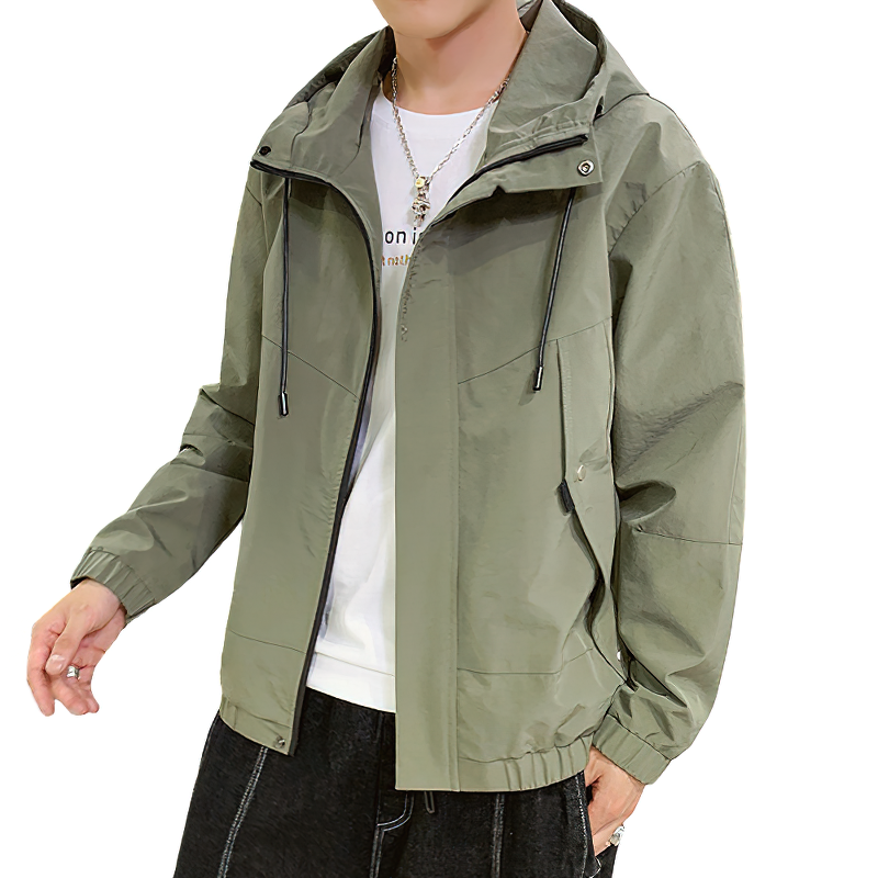 Men's casual hooded jacket in green, perfect for layering and stylish outdoor adventures.
