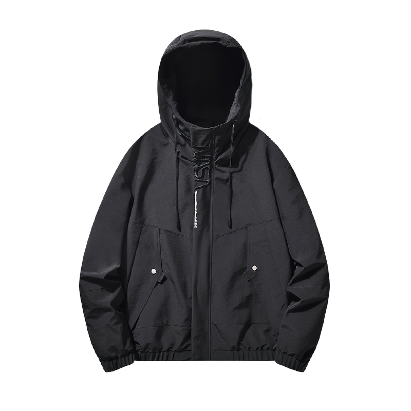 Black multi-pocket cargo jacket with hood, perfect for casual wear and stylish pairing with jeans.